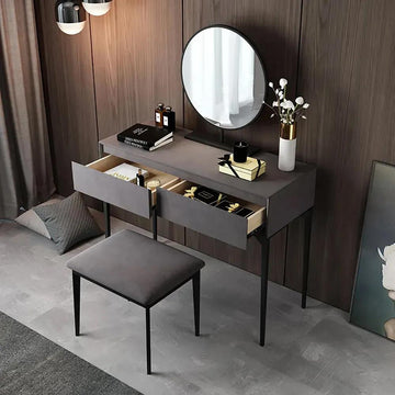 Modern Gray Makeup Vanity Set with Velvet Surface Dressing & Mirror & Stool in Small
